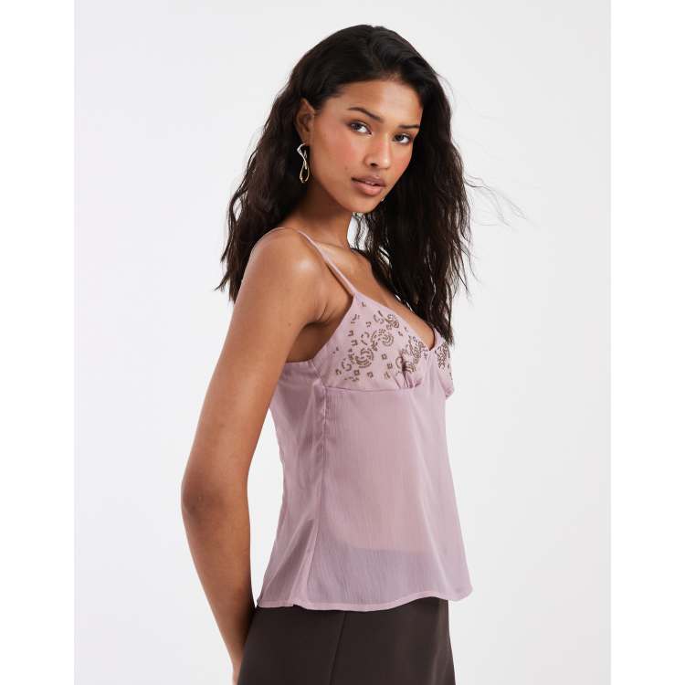 Motel Nisara Coma studded mesh cami top in dusty mauve | ASOS