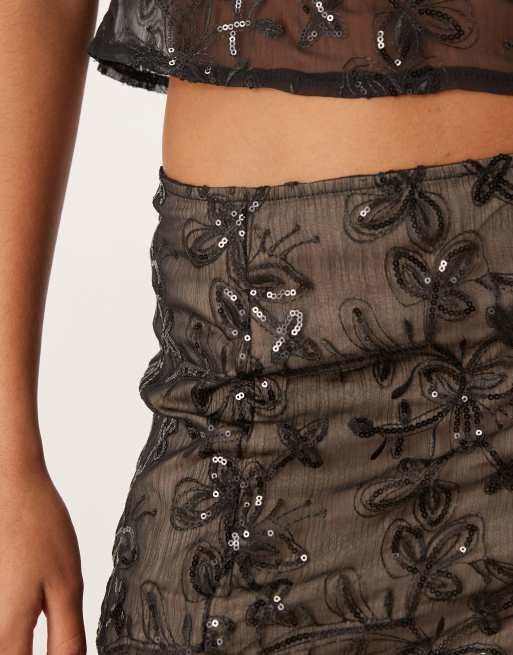 Motel Nivia co-ord floral chiffon sequin tassle skirt in black, 5 of 5