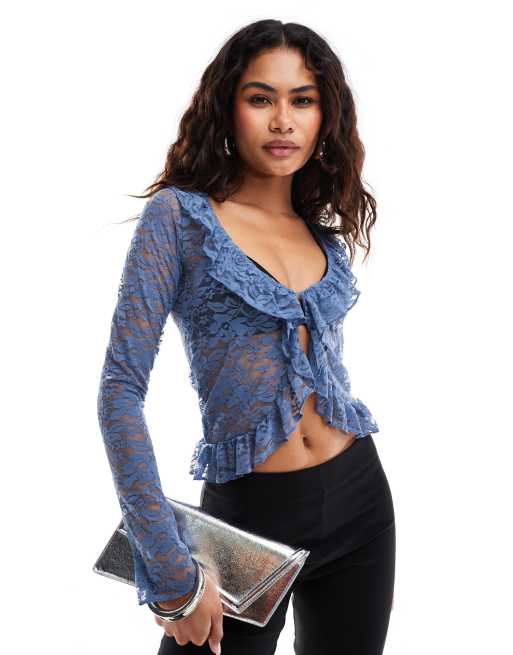 Motel noemi ruffle lace cardigan top in moonlight blue