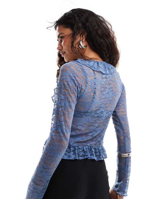 Motel Noemi ruffle lace cardigan top in moonlight blue ASOS