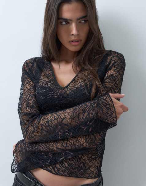 Motel noir long sleeve top in black lace - view 1