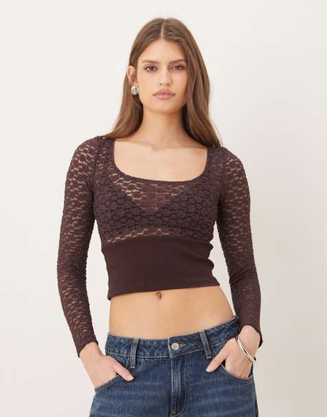 Motel Nolita long sleeve ribbed waist lace top in dark plum - view 1