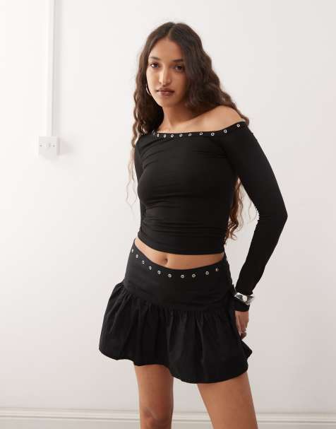 Motel noraba one shoulder top with eyelets in black - view 1