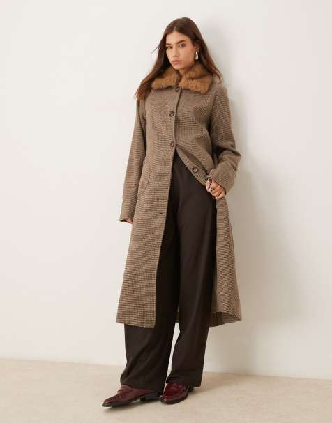 Motel Norceil longline faux fur collared coat in brown - view 1