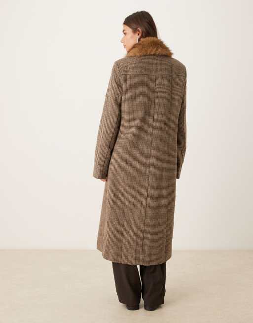 Motel Norceil longline faux fur collared coat in brown, 4 of 4