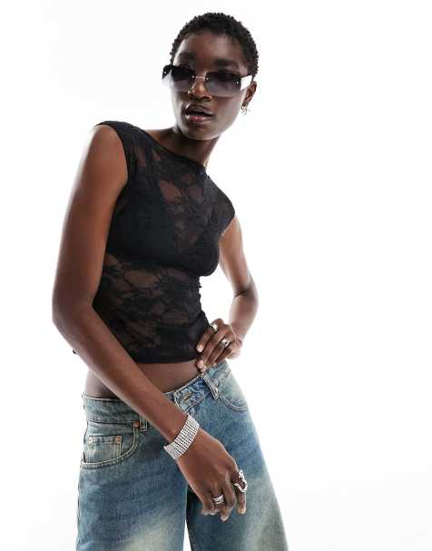 Motel nova cap sleeve lace top in black - view 1