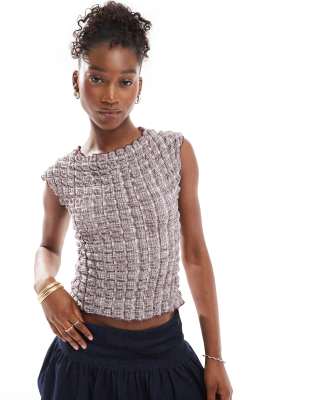 Motel Nova Cap Sleeve Textured Top In Brown