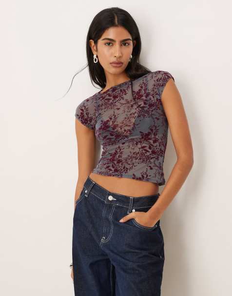 Motel Nova fine leaf flower top in smoke grey - view 1