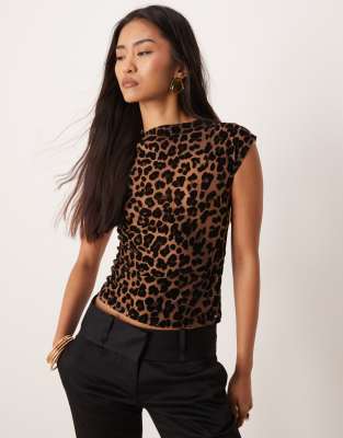 Motel Nova Flock Mesh Short Sleeve Top In Brown