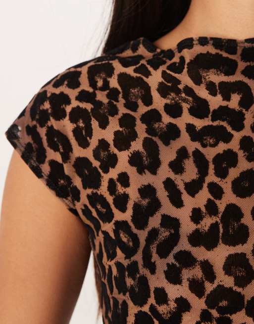 Motel Nova flock mesh short sleeve top in leopard print, 3 of 4