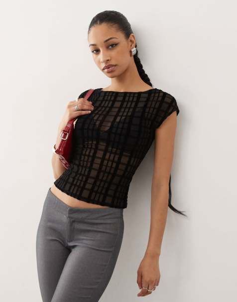 Motel nova flocked plaid fitted T-shirt in black - view 1