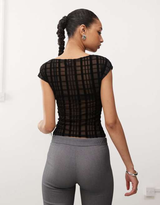 Motel nova flocked plaid fitted T-shirt in black, 4 of 4