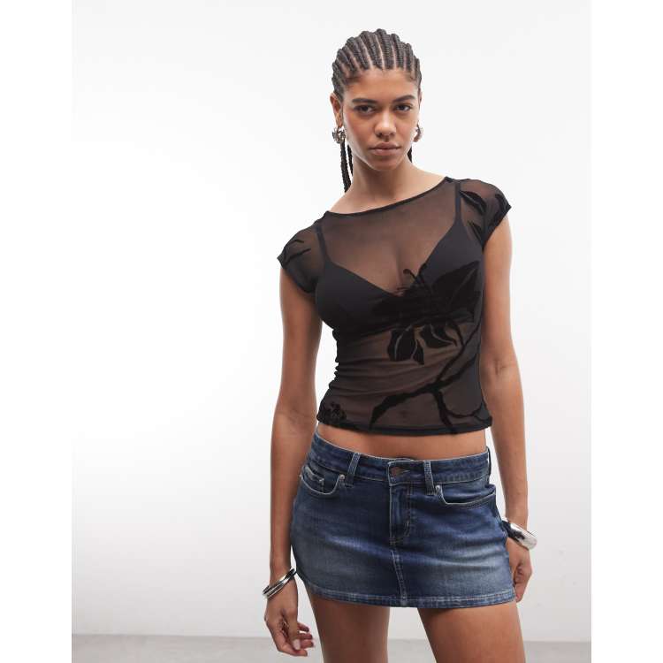 Motel Nova orchid flocked mesh top in black | ASOS