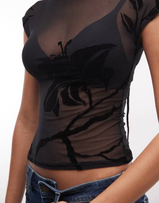 Motel Nova orchid flocked mesh top in black | ASOS