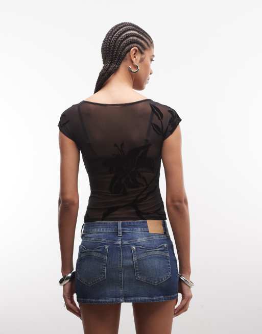 Motel Nova orchid flocked mesh top in black | ASOS