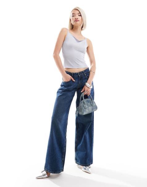 Motel roomy wide leg low rise jeans in mid indigo