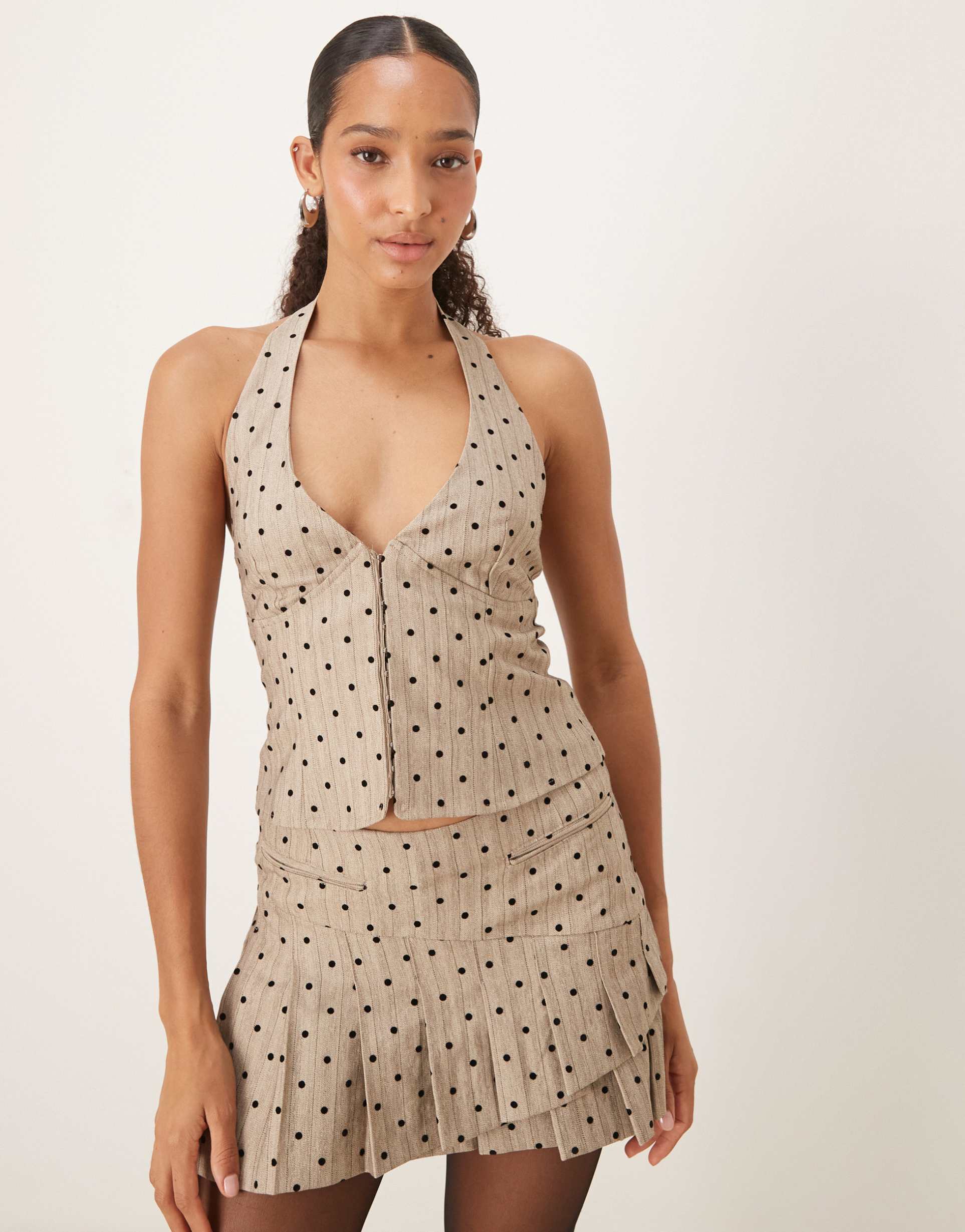 motel odin halter polka dot tank top in beige - part of a set
