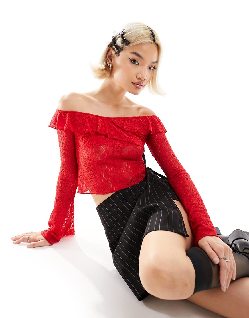 off-shoulder lace long sleeve top in red