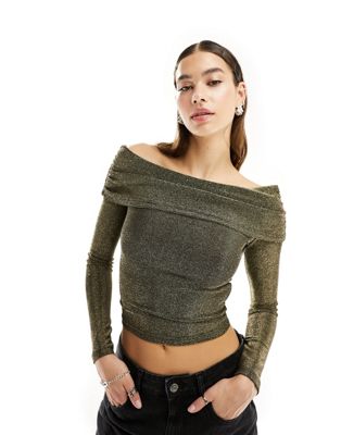 Motel off-shoulder metallic long sleeve knitted top in gold
