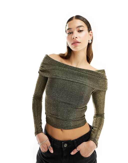 Motel off-shoulder metallic long sleeve knitted top in gold | ASOS