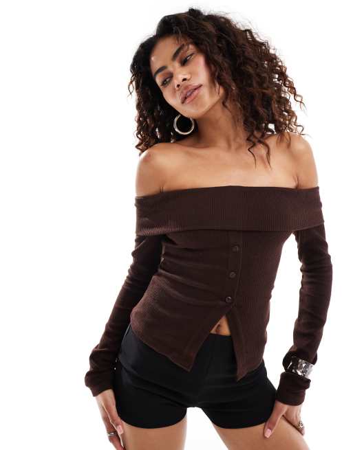 Motel off shoulder ribbed cardigan in brown