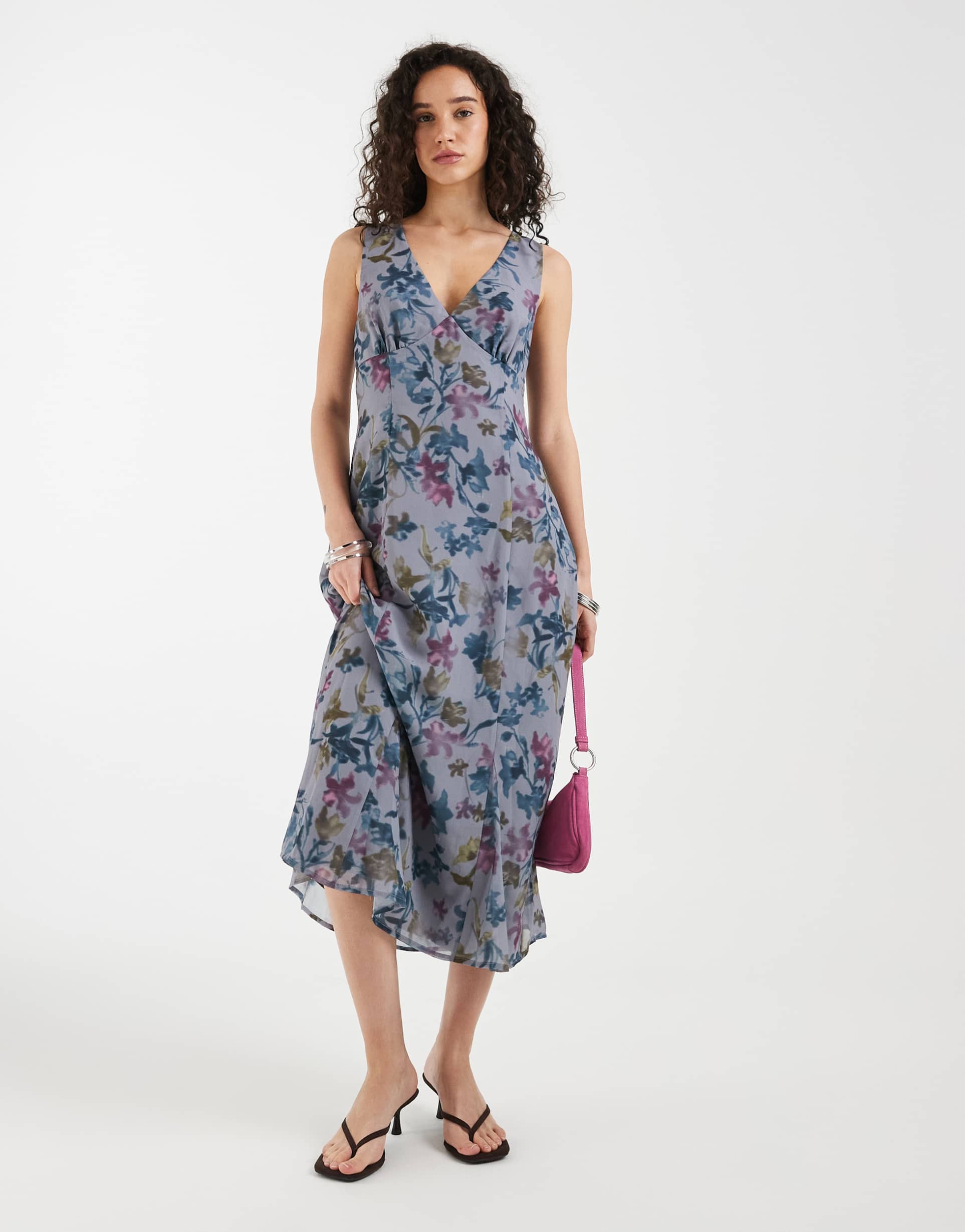 motel olydia chiffon flower shadow midaxi dress in blue