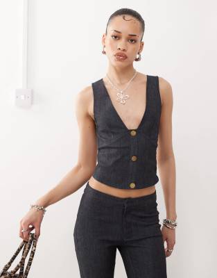 Motel Oria Denim Vest Top In Navy