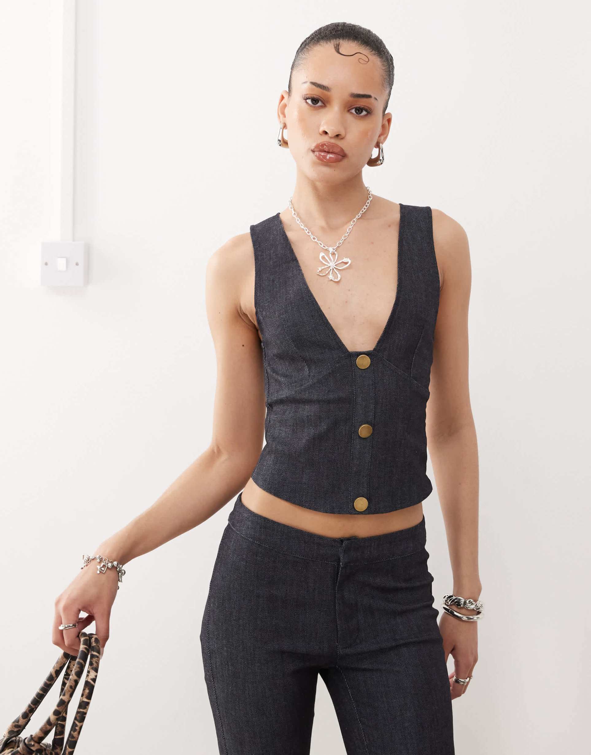 motel oria denim vest top in dark indigo - part of a set
