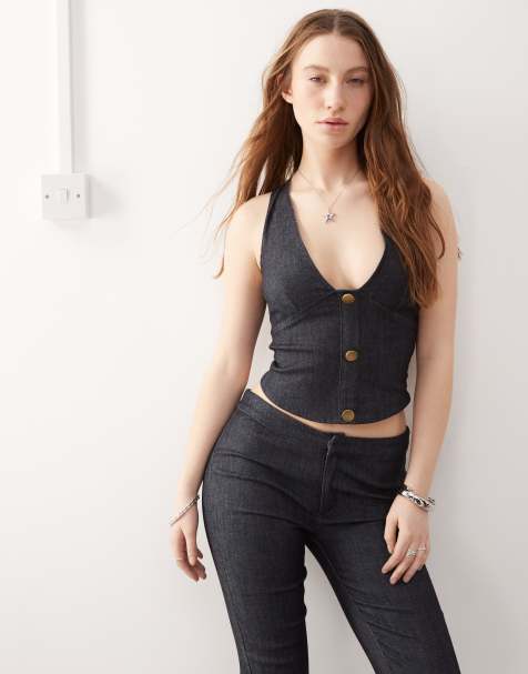 Motel oria denim vest top in dark indigo - part of a set - view 1