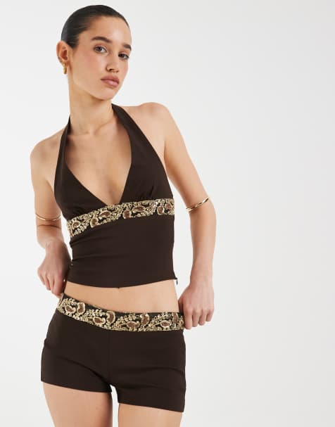 Motel Orvio embroidered sequin halter top in brown (part of a set) - view 1