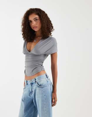 Osari - Top à décolleté plongeant et manches chauve-souris - Gris-Rose XS