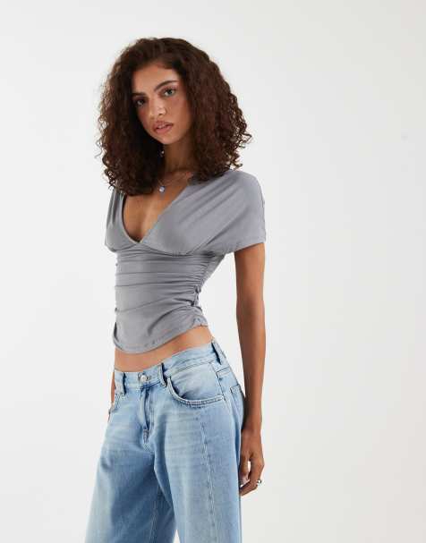 Motel - Osari - Top grigio con scollo profondo e maniche ad ali di pipistrello - view 1