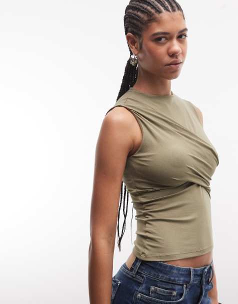 Motel Otso twist wrap short sleeve top in khaki green - view 1