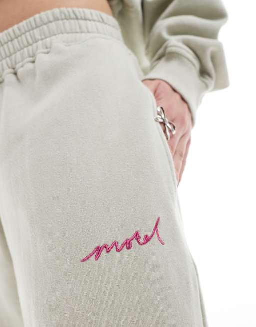 Motel oversized embroidered wide leg trackies in grey (part of a set), 5 of 5