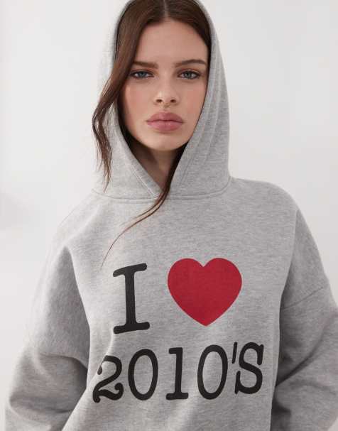 Motel oversized I heart 2010s graphic hoodie in grey marl (part of a set) - view 1