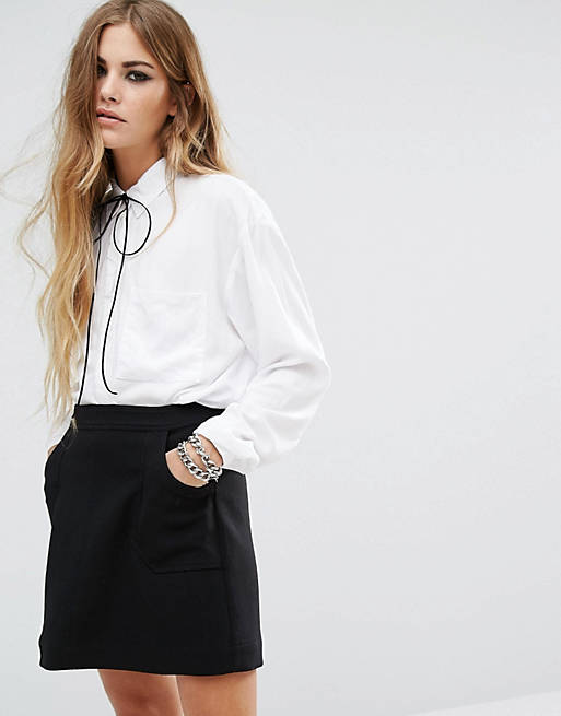Motel Oversized Shirt With Tie Neck