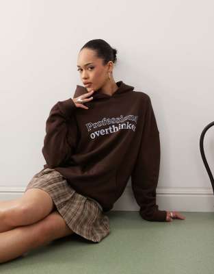 Motel Oversized Slogan Hoodie In Bitter Chocolate-brown In Brown