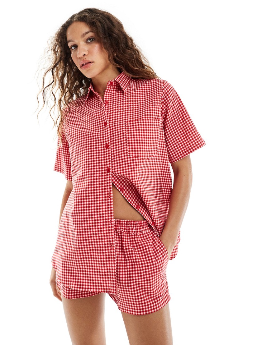 Motel Oversized Smith Beach Shirt In Red Gingham - Part Of A Set