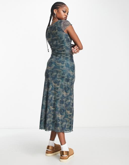 Motel paisley print keyhole mesh midi dress in blue