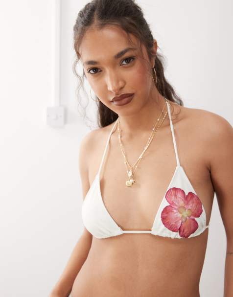 Motel pami orchid print bikini top in white and pink