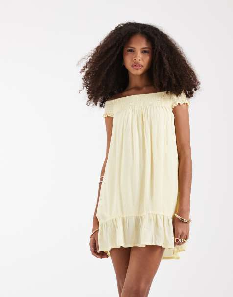 Motel Panasi crinkle off shoulder floaty mini dress in butter yellow - view 1