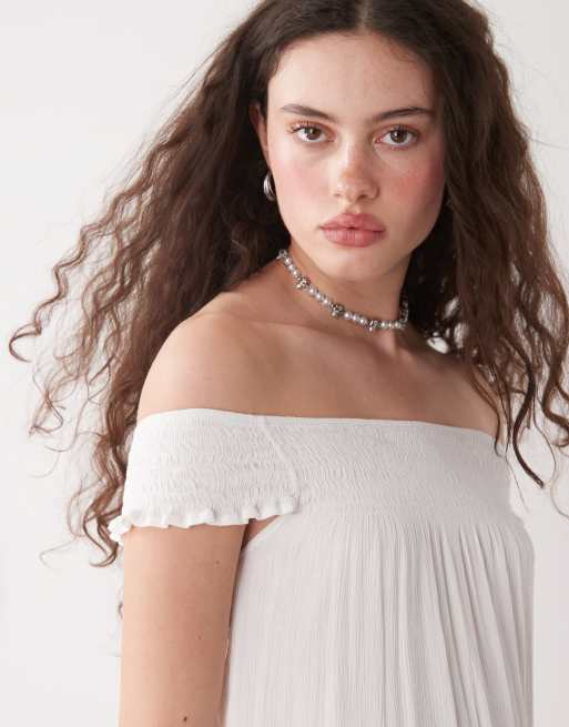 Motel panasi off the shoulder mini smock dress in off white | ASOS