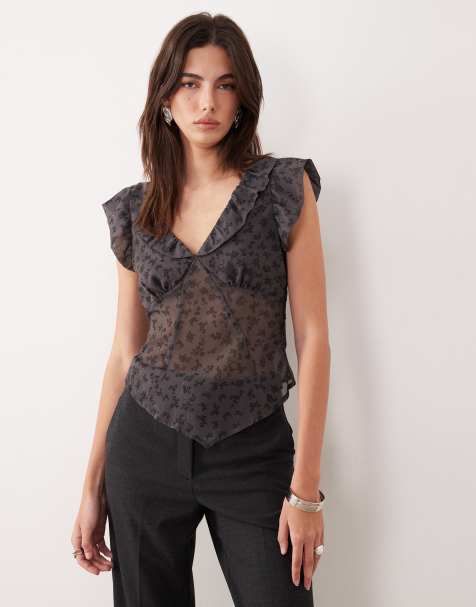 Motel Paquita sheer floral ruffle detail top in grey