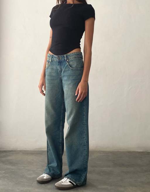 Motel – Parallel – Jeans in Vintage-Blaugrün mit niedrigem Bund und geradem Schnitt, 2 von 4