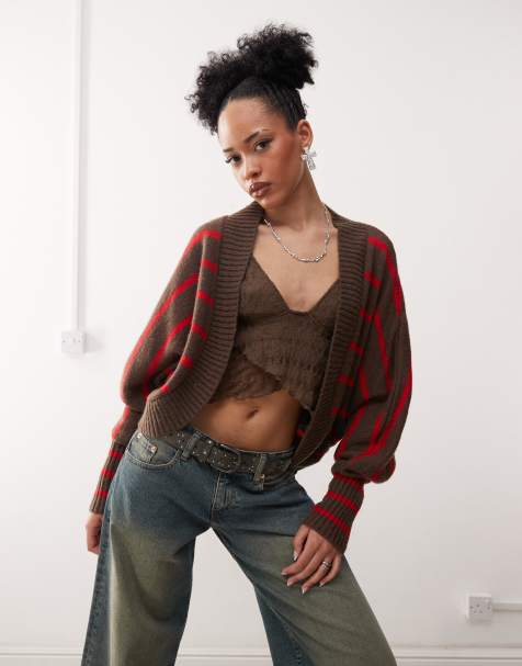 Motel pasha striped knitted shrug in red and brown - view 1