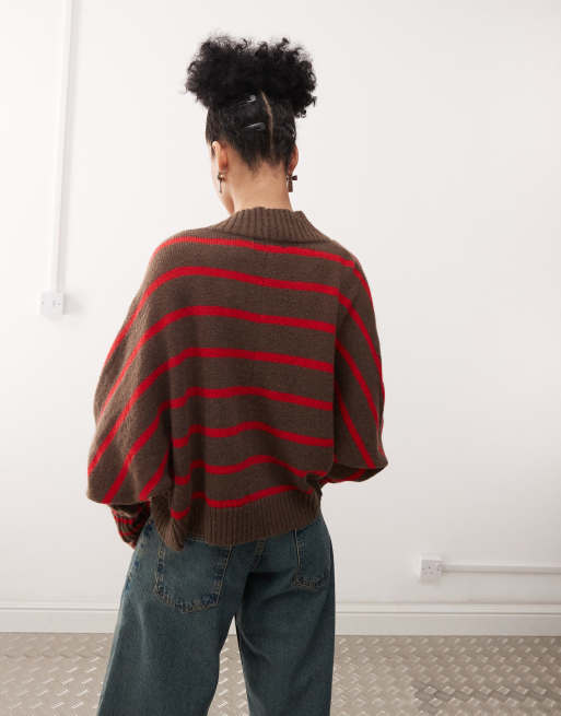 Motel Pasha striped knitted shrug in red and brown, 4 of 4