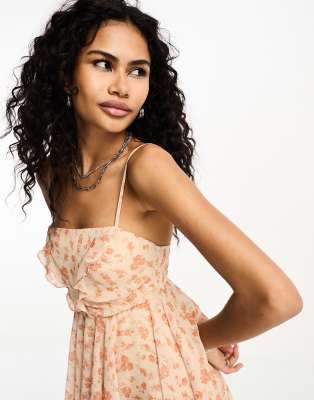 Motel peach cherry blossom print asymmetric cami dress in multi