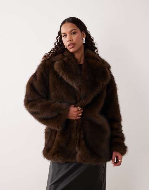 Motel pepita faux fur coat in dark brown - view 1