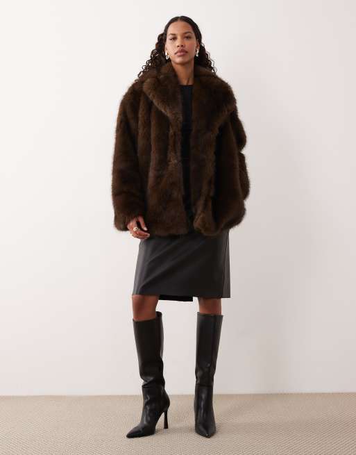 Motel pepita faux fur coat in dark brown, 2 of 4