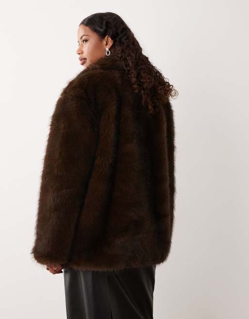 Motel pepita faux fur coat in dark brown, 3 of 4
